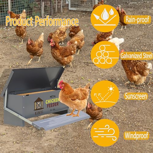XINYI Chicken Treadle Feeder,25 Lbs Metal Treadle Feeder, No Waste & Rodent Proof Chicken Feeder with Weatherproof Lid, Suitable for Bantams, Poultry, Pheasants - 3.4Gallon Capacity - size: 3.4Gal
