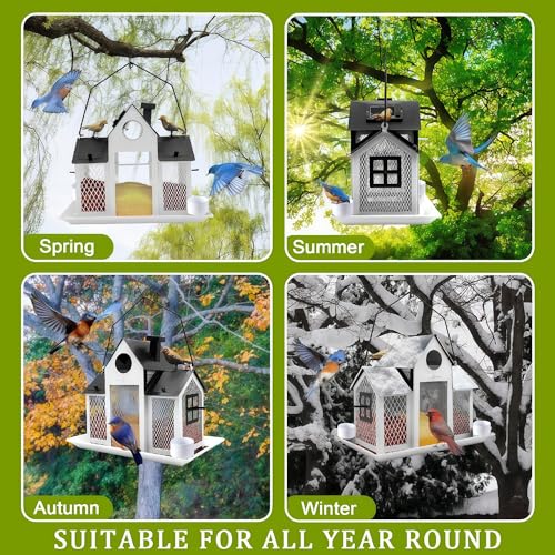 Solar Bird Feeders House for Outside Hanging, Metal Wild Bird Feeder for Outdoors Large Capacity Cardinal Birdfeeder Birdhouses Metal Bird Feeding Station White - color: white