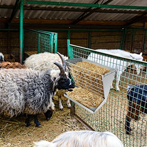 Wall Mount Hay Rack, Metal 2 in 1 Hay and Grain Feeder | Livestock Feeder with Adjustable Distance, Hay Feeder for Goats, Sheep, Horse - color: Silver
