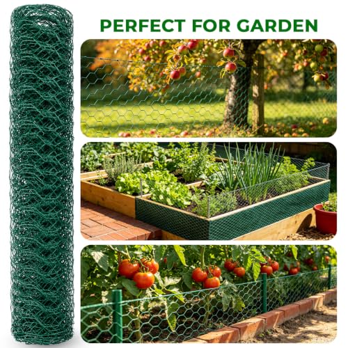 Chicken Wire for Floral Arrangements, Green Flower Mesh Netting | 15.7 x 394 inch, PVC Coated, Poultry Garden Fence Mesh, w/Zip Ties Pliers Gloves, Plant Protectors from Animals, DIY Crafts - size: 15.7 x 394 inch