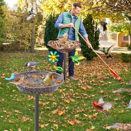 Metal Bird Bath for Outside, Birdbath Bowl Standing Bird Feeders for Outdoors with 5 Prongs Base Stake, Freestanding Birdfeeders for Garden Yard Lawn Decor (Brown 2-in-1 Bird) - color: Brown 2-in-1 bird