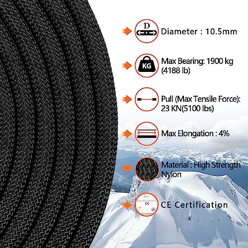 AOLEBA 10.5 mm Static Climbing Rope 10M(32ft) 20M(64ft) 30M(96ft) 50M(160ft) 70M(230ft) Outdoor Rock Climbing Rope, Escape Rope Ice Climbing Equipment Fire Rescue Parachute Rope - color: Black, size: 64ft