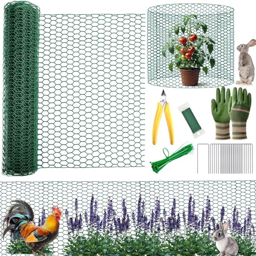 All-in-One 400 Inch Plant Protectors from Animals Kit - 0.85mm Heavy Duty Chicken Wire Cloche,Free-Cut Wire Mesh Roll Includes Pliers, Gloves, Ties, Stakes for Custom Outdoor Cages (12 * 400 Inch) - size: 12*400 Inch