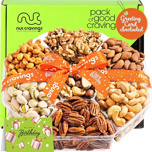NUT CRAVINGS - Happy Birthday Treats, Mixed Nuts Gift Basket(7 Assortments) | with Bday Ribbon, Food Platter, Healthy Snack Care Package, Food Assortments - style: 5. Birthday - Deluxe (7 Assortment)