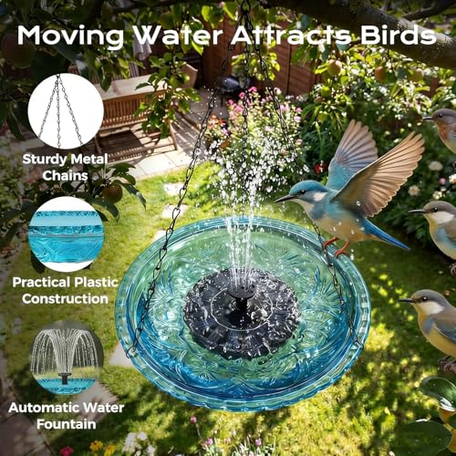 Hanging Bird Bath Fountain, Cascading Outdoor Birdbath with Glass Bowl, USB-Powered Water Feature for Garden, Patio, Yard Decor, Attracts Hummingbirds & Wild Birds