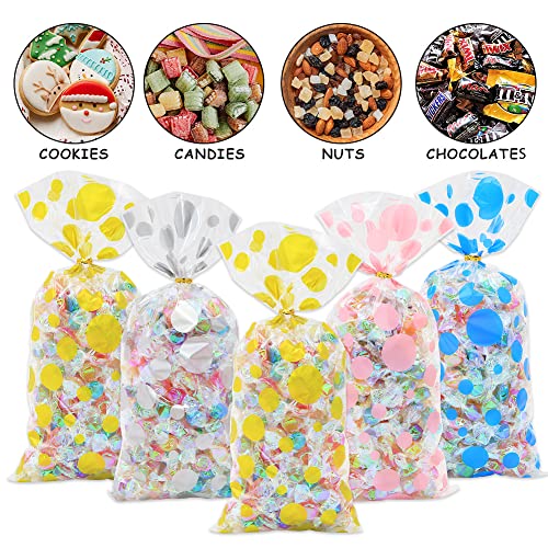 Polka Dot Cellophane Bags, 100pcs Clear Treat Bags, Plastic Christmas Cello Bags Sweets Bags with 100 Twist Ties for Goodie, Cookies, Nut, Wedding Birthday Easter Party Favor Supplies (4 Pattern)