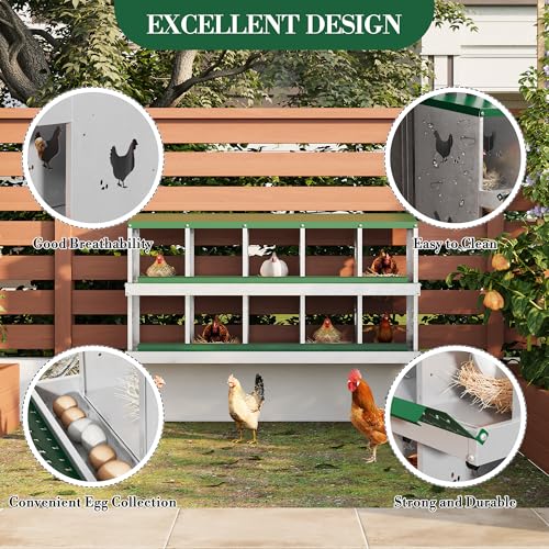 Galvanized Steel Chicken Nesting Box 10 Grids, Metal Egg Laying Boxes for Hens with Hinged Lid and Ventilated Design, Easy Clean Poultry Nest Box for Chicken Coop Accessories, Green, No Legs - color: Green, size: 10 Holes no Legs