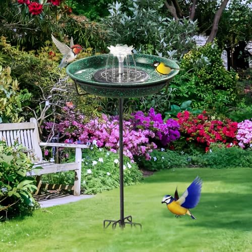 Solar Fountain Bird Bath for Outside Garden Decor,All Metal Hummingbird Bath & Crow Feeder with 5-Prong Base,Standing Bird Feeder for Backyard Birding & Wildlife,Copper Green