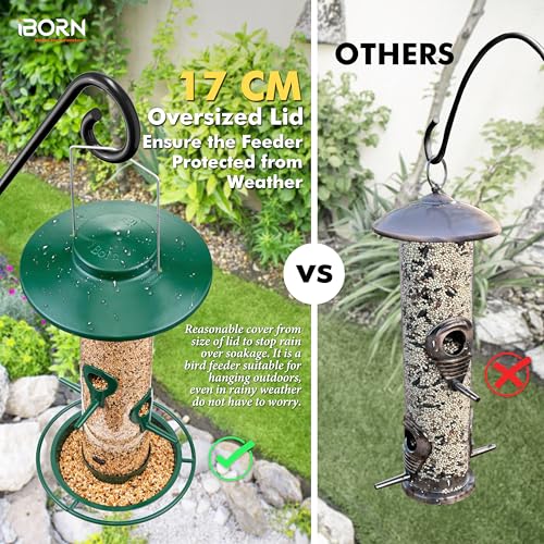 iBorn Bird Feeders for Outdoors, 1.5LB Metal Bird Feeders 17cm Large Roof &Tray, 4 Feeding Ports, Green Finish - color: Green, 2LB, 4 Ports