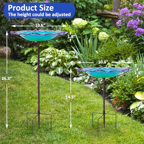 Glass Bird Bath for Outside, Standing Birdbaths with Metal Stake-Colorful | Bird Bath, Birdbaths for Outdoors Bird Feeders Bowl, Ripple Bird Baths Outdoor Décorations, Small Birdbath Bowl - color: Standing Ripple Colorful