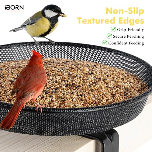iBorn Deck Bird Feeders for Outdoors,Platform Bird Seed Tray with 5.5 lbs Capacity,Balcony Porch Railing Bird Feeder, Drainage Mesh Holes,Tilt-Proof, Windproof, Anti-Loosen, Easy to Refill&Clean,Black