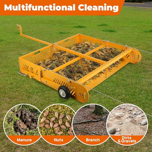 POPMOON 2-in-1 Horse Manure Fork Paddock Cleaner Tow Behind Trailer, 330 lb | Manure Scooper Yard Sweeper for Horse Manure, Heavy Duty Drag Manure Collector Fit ATV UTV Pasture Stable Farm Yard Cleanup - size: 43.5" L -with wheels