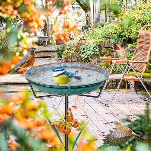 Metal Bird Bath for Outside, 35In Freestanding Birdbath with 5-Pronged Sturdy Base, Removable Easy Clean Birdfeeder Bowl with Butterfly & Leaf for Outdoors Garden Patio Yard Lawn Decor(Blue)