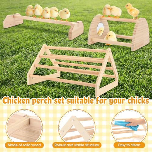 BreezeHug 3 Pcs Chicken Roosting Bar Set Wooden Chick Perch Prevent Rotation Design with Mirror Long Strip Large Triangle Stand Platform for Bird Parrot Macaw Hens Coop Brooder Fun Toys Accessories