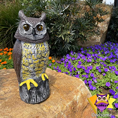 Solar Owl with Glowing Eyes, Rotating Head, Hoot Sound, Motion Detector and Silent Mode, Plastic Owl Garden Sculpture, Garden Decoration