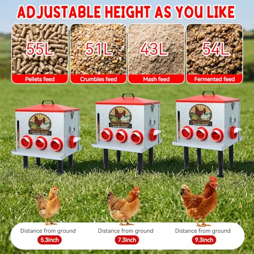 55LB Automatic Chicken Feeder Large for Chickens, Ducks and Poultry | Large Poultry Feeder, with 8 Feeding Ports, Viewing Window, Rainproof Lid, Adjustable Legs & Locking Cover