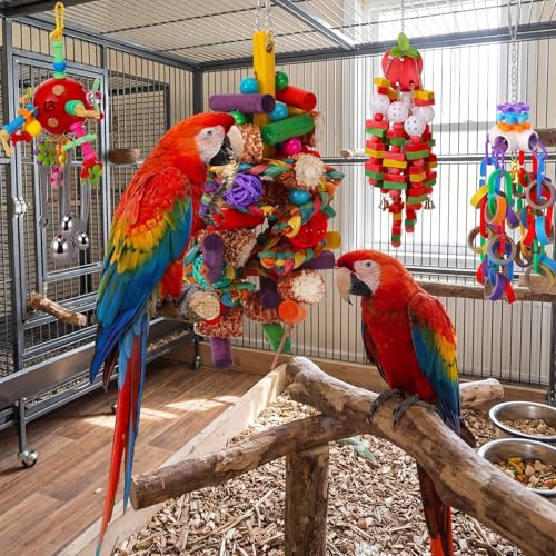 Soulchen 4 Pcs Extra Large Bird Parrot Toy Set Natural Wooden Chewing Toy, Rattan Ball, Wood Nut Loofah String (Bagged) for Large Medium Macaws, African Grey, Parrots (Corn Cob) - style: Corn Cob