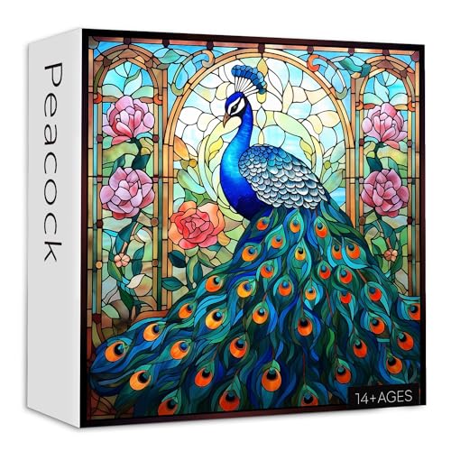 Stained Glass Peacock Puzzles for Adults 1000 Pieces, Vintage Bird Art Puzzle, Impossible Hard Challenging Jigsaw Puzzles for Adults, Colorful Peacock Garden Puzzle as Home Wall Decor - style: Z-398-Stained Glass Peacock