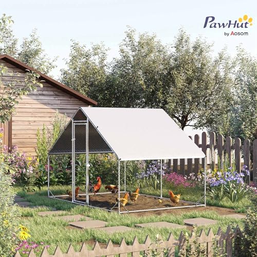 PawHut Large Chicken Coop Metal Chicken Run with Waterproof and Anti-UV Cover, Spire Shaped Walk in Fence Cage Hen House for Outdoor and Yard Farm Use, 1" Tube Diameter, 9.8' x 6.6' x 6.6' | Metal Chicken Run, Spire Shaped Walk In Fence Cage Hen House, Ou