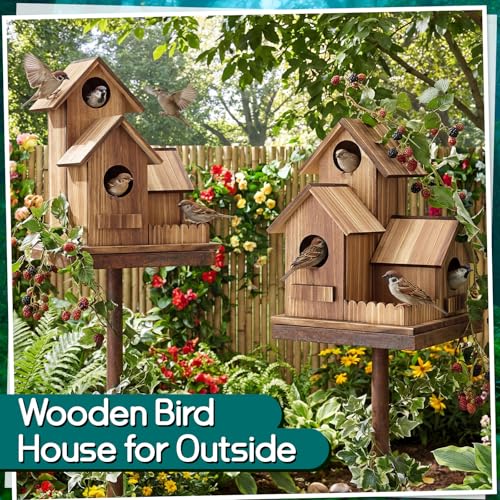 AceOrbit 2 Pcs Bird Houses for Outside 3-Hole Wooden Birdhouse 7.48 x 5.91 x 5.91 Outdoor Hanging Bird House for Finch Bluebird Chickadee Wren Hummingbird Weatherproof Garden Courtyard Decor