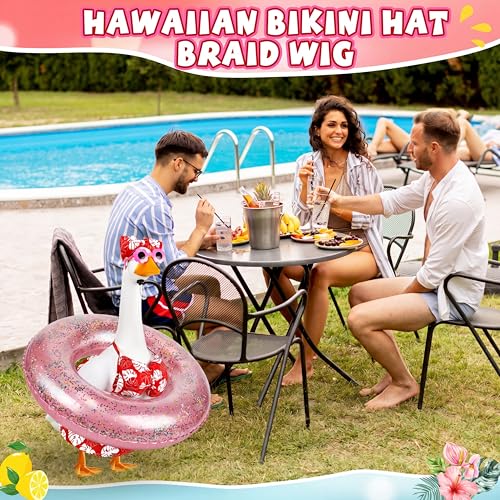 Bikini Summer Porch Goose Outfits for 23" Goose | with Goose Sunglasses Bow Headpiece and Swimming Tube, Hawaiian Red Monstera Porch Goose Outfits, Garden Patio Statue Decor - style: Hot Pink Monstera