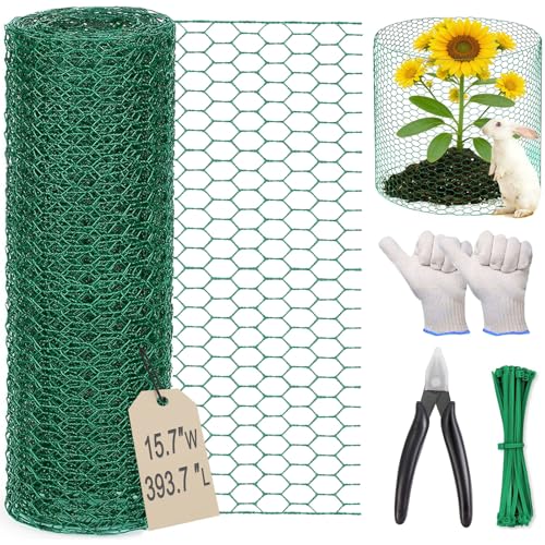 Chicken Wire 15.7in x 393.7in with a Pair of Gloves，1 Wire Cutter，100 Pcs Cable Zip Ties, Floral Chicken Wire Mesh 0.8in Hexagonal Galvanized PVC Coated Garden Netting Fence for Craft Poultry Garden - size: 15.7in x 393.7in