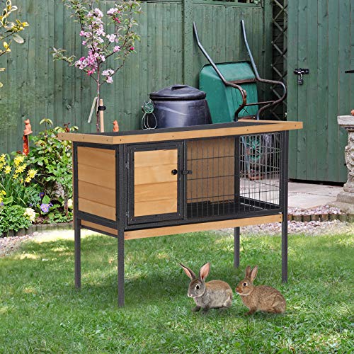 PawHut Rabbit Hutch Elevated Bunny Cage Metal Frame No Leak Tray Natural | Small Animal Habitat, Metal Wire Pan, Openable Water-Resistant Asphalt Roof, for Rabbits Chickens Ducks, Indoor/Outdoor - color: Natural Wood