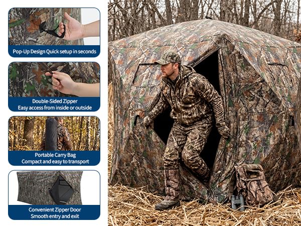 OUTLANE Hunting Blinds for Deer Turkey and Duck Hunting, Portable Hunting Tent with See Through Panels, Pop Up Ground Blind with Silent Windows, Camo Concealment, Weather Resistant Hunting Shelter - size: 70.08''x70.08''x77.16''