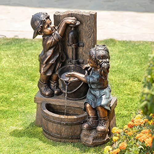 Glitzhome Outdoor Water Fountain with LED Light, Children Playing with Faucet Waterfall Fountains, Antique Bronze Resin Boy and Girl Statue Outdoor Waterfall Fountain for Patio Backyard Garden, 25”H - color: Children