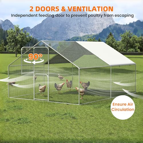 UDPATIO Large Metal Chicken Coop Walk in– Heavy Duty Outdoor Poultry Run with Protective Cover for 15-25 Chickens, Ducks, or Rabbits | Predator-Proof & Weather-Resistant | Double Feed Door UV-Resistant Cover Heavy Duty Outdoor Cage for Bird Duck Rabbit He
