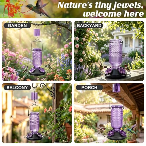 Glass Hummingbird Feeder for Outdoors Hanging, 16 oz Leak-Proof Nectar Feeder with Bee Guards & Ant Moat, 4 Metal Flower Feeding Ports, 360° Perch Ring, Easy Refill & Clean, Purple - color: Purple