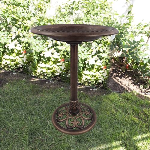 Alpine Corporation | 28" Bronze Outdoor Pedestal Birdbath with Scrollwork Base and Ground Stakes — Elegant Garden Décor, Durable Weather-Resistant Design for Lawn, Patio, or Yard - color: Bronze