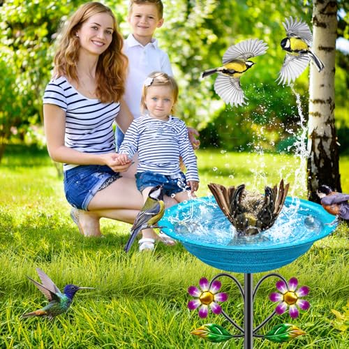 Metal Bird Bath for Outside Garden Birdbath Bowl, Freestanding Bird Feeders for Outdoors with 5 Prongs Base Stake, Standing Birdfeeders Bath Bowl for Yard Decor(Retro Blue) - color: Retro Blue