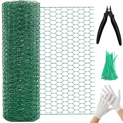 Chicken Wire 15.7in x 236in with a Pair of Gloves，1 Wire Cutter，50 Pcs Cable Zip Ties, Floral Chicken Wire Mesh 0.8in Hexagonal Galvanized PVC Coated Garden Netting Fence for Craft Poultry Garden - size: 15.7in x 236in