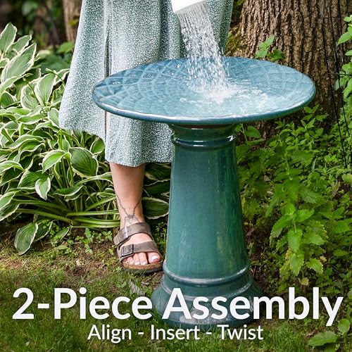 Sunnydaze Outdoor Ceramic Bird Bath, 22.5” H, Glazed Bowl, Turquoise Finish | 2-Piece Birdbath, 6 Cup Water Capacity, UV & Frost-Resistant, Easy Assembly, Shallow Bird Bath Bowl with Pedestal for Garden - style: Turquoise Glazed with Glazed Pedestal