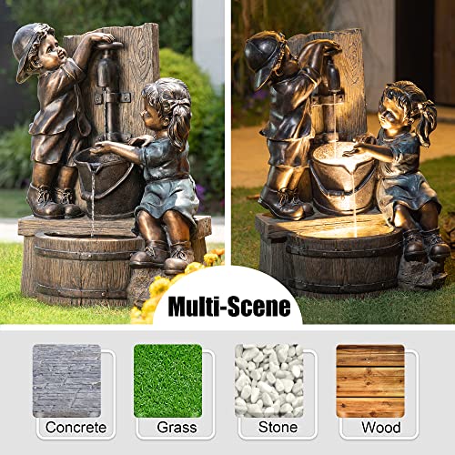 Glitzhome Outdoor Water Fountain with LED Light, Children Playing with Faucet Waterfall Fountains, Antique Bronze Resin Boy and Girl Statue Outdoor Waterfall Fountain for Patio Backyard Garden, 25”H - color: Children