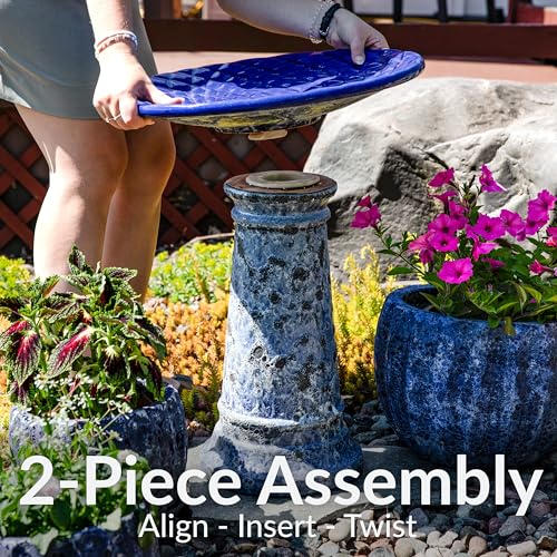 Sunnydaze Outdoor Ceramic Bird Bath, 22.5” H, Glazed Bowl, Blue Lava Finish | 2-Piece Birdbath, 6 Cup Water Capacity, UV & Frost-Resistant, Easy Assembly, Shallow Bird Bath Bowl with Pedestal for Garden - style: Blue Glazed with Lava Distressed Pedestal