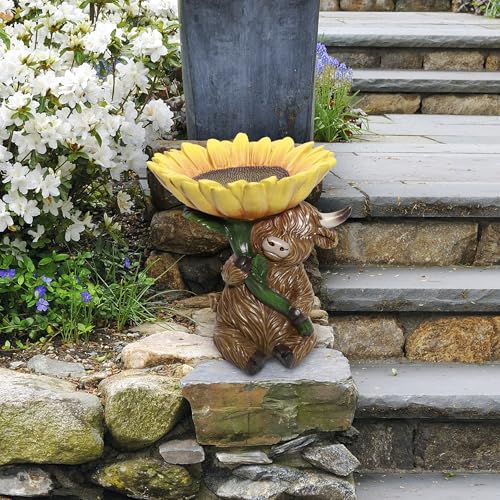 Alpine Corporation WJY114 Highland Cow Holding Sunflower Bird Feeder Statuary - 10" Indoor and Outdoor Garden Accent Decor for Yard, Patio, and Landscape Display - color: Yellow and Brown