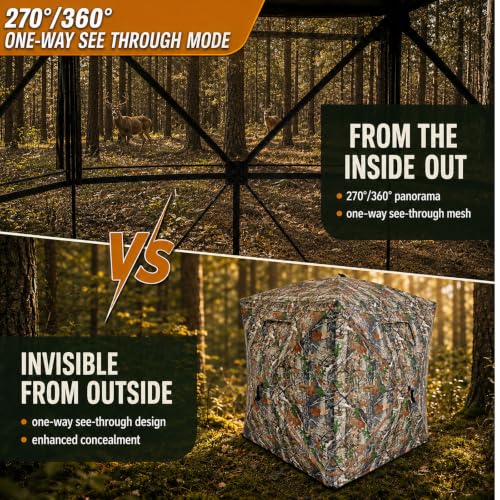 Hunting Blind See Through, Pop Up Ground Deer Blind, Large Door | 270/288/360 Degree See Thru, 1/2/3/4 Person Hunting Camouflage Tent, With/Without floor, Swing/Diamond/Horizontal Door Design - size: 2-3 Person, style: 270°&360°/Diamond Door/With Floor