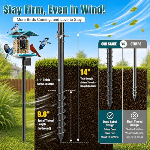 Heavy Duty Bird Feeder Pole - 117" Extra Tall Bird House Stand Outdoor, Anti-Tip Auger & Stable Mount for Smart Camera Birdfeeder,Bluebird House, Bird Buddy, Birdfy - size: 117''