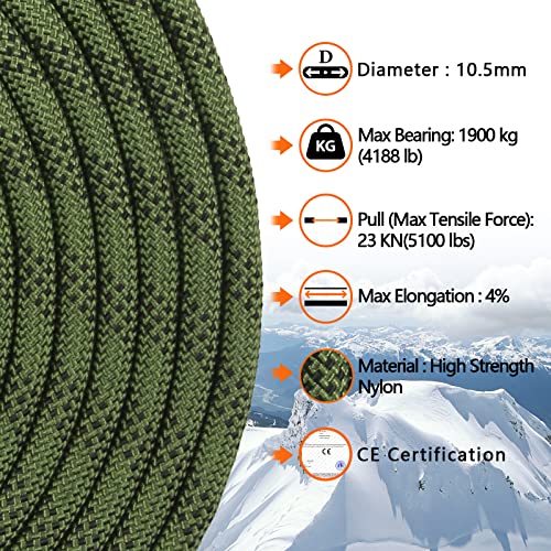 AOLEBA 10.5 mm Static Climbing Rope 10M(32ft) 20M(64ft) 30M(96ft) 50M(160ft) 70M(230ft) Outdoor Rock Climbing Rope, Escape Rope Ice Climbing Equipment Fire Rescue Parachute Rope - color: Army Green, size: 96ft