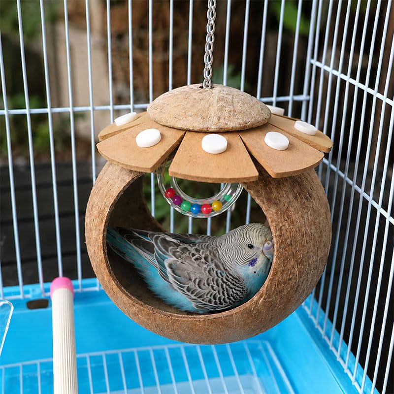 Handcrafted Coconut Bird Nest and Breathable Cage Hide Hut, Multi-Purpose Bird Cage Accessories, Suitable for Parakeets, Budgies, Lovebirds, Parrots, Hamsters and Small Pets