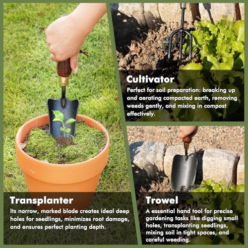 RESTMO Gardening Tools Set, 3-in-1, Carbon Steel, Wooden Handle, Brown | Heavy duty gardening tools kit. Includes trowel, transplanter, cultivator. Ergonomic wooden handle. Ideal gardening gifts. - size: Gardening Tool Set