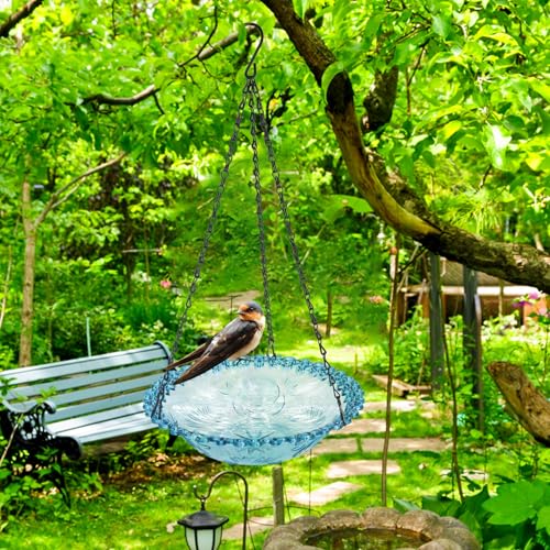 Bird Bath Hanging Seed Feeder Garden Plate Hanging Tray for Wild Backyard Attracting Birds (Blue-Single Bath)