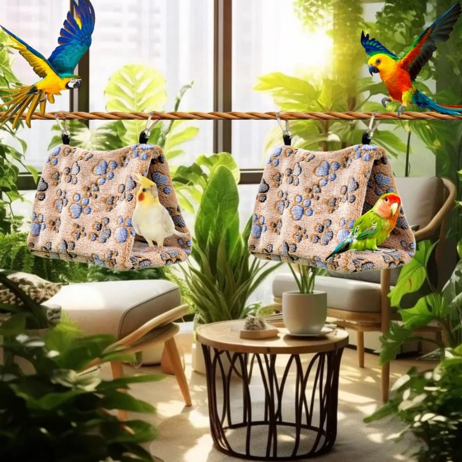 2 Pack Bird Nest Plush Snuggle Bird Hammock Hanging Bird Cave Parrot Sleeping Bed Shed Hut Hanging Tent for Budgies Finch Parakeet Cockatiel Cockatoo Lovebird-Foot Pattern (Brown&White) - color: Brown&White(Foot Print)