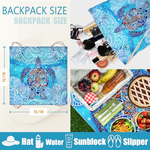 2-in-1 Convertible Towel & Backpack Microfiber Beach Towel Bag for Camping Swimming Vacation Blue Turtle - color: Mandala Turtle Blue