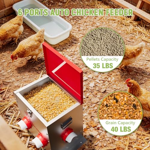40LB Automatic Chicken Feeder, No-Waste Metal Poultry Feeder with 6 Ports, Predator-Proof Latch & Weatherproof Design, Includes Anti-Tip Ground Stakes & Vegetable Hanging Feeder - size: 40LB-6 Ports