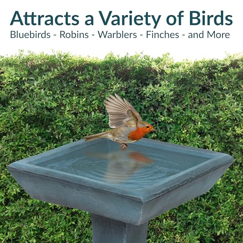 Sunnydaze Square Concrete Bird Bath for Outdoors, 23” H, Patina Green | Glass Fiber Reinforced Concrete, Easy Assembly, Bird Bath Bowl Holds ½ Gal of Water, Heavy-Duty Cement Bird Bath for Outside - color: Patina Green