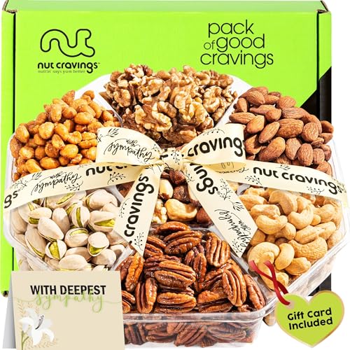 NUT CRAVINGS - Sympathy Condolence, Mixed Nuts (7 Assortments) | Gift Basket with Sympathy Ribbon + Greeting Card Food Platter, Healthy Snack Care Package, Food Assortments - style: 5. Sympathy - Deluxe (7 Assortment)