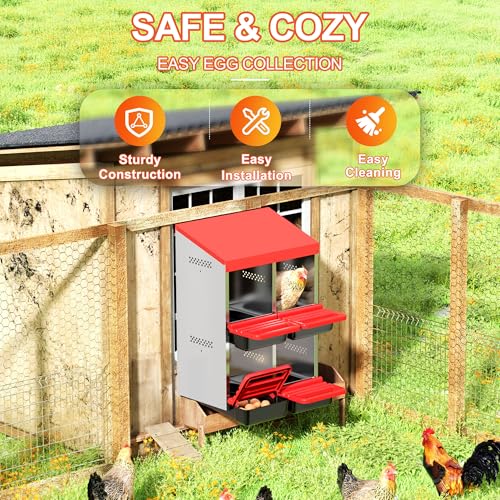 ZenxyHoC Two-Tier Chicken Nesting Box Red 4 Compartments | Metal Egg Laying Box with Rollout Egg Collection & Swing Perch for Backyard Chicken - size: 4 Compartments
